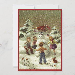 Tarjeta Festiva Niños Antiguos Haciendo Un Muñeco de Nieve