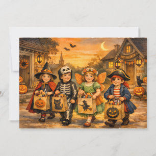 Tarjeta Festiva Niños antiguos vestidos con disfraces de Halloween