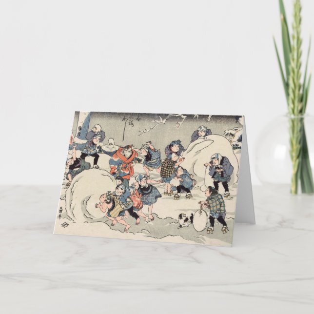 Tarjeta Festiva Niños chinos haciendo bolas de nieve (Anverso)