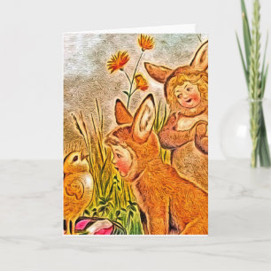 Tarjeta Festiva Niños conejitos y polluelos, feliz Pascua