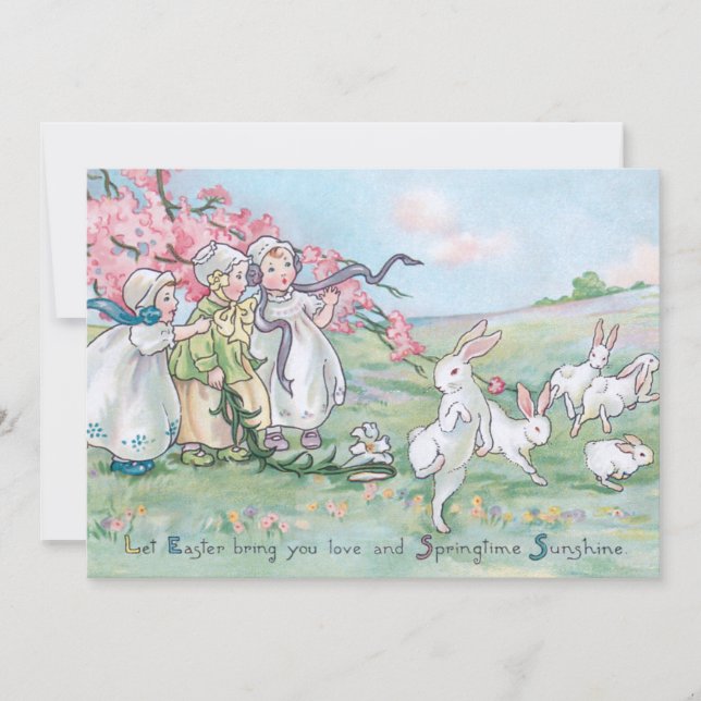 Tarjeta Festiva Niños de época con conejitos blancos de Pascua (Anverso)