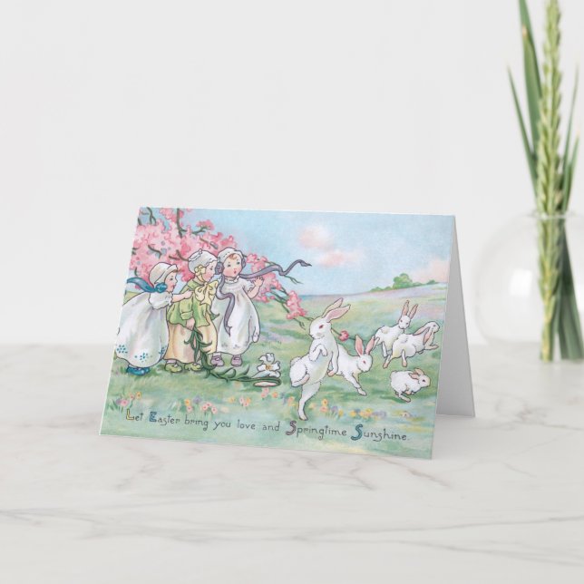 Tarjeta Festiva Niños de época con conejitos blancos de Pascua (Anverso)