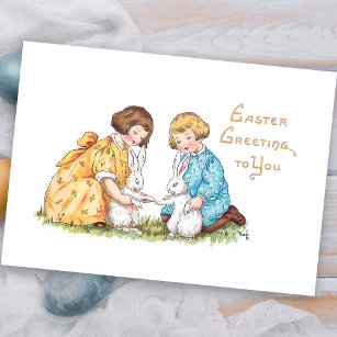 Tarjeta Festiva Niños de época, conejitos blancos, saludo de Pascu