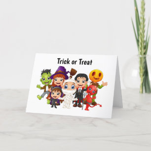 Tarjeta Festiva Niños de Halloween con trucos o trucos