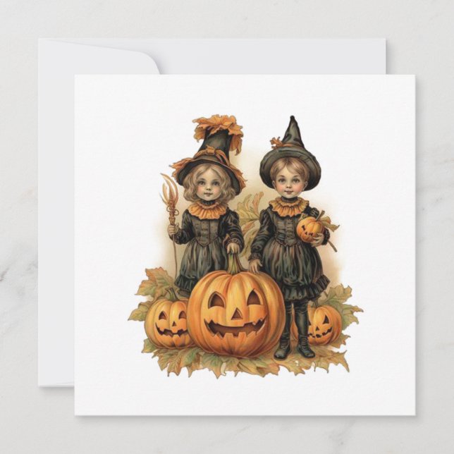 Tarjeta Festiva Niños de Halloween de época (Anverso)