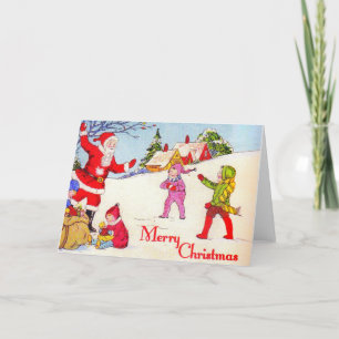 Tarjeta Festiva Niños de la década de 1940 jugando con Santa