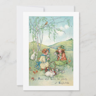 Tarjeta Festiva Niños de la época con conejos de Pascua y huevos