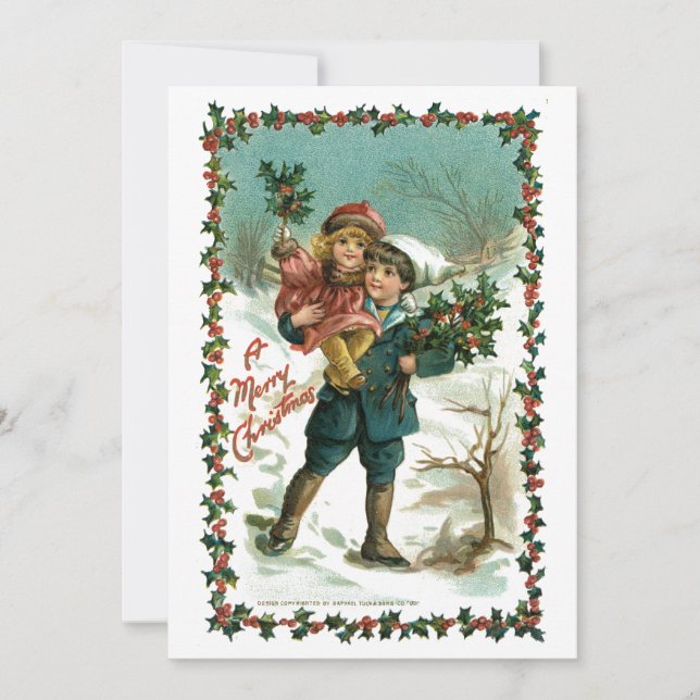 Tarjeta Festiva Niños de la época con Navidades Holly (Anverso)