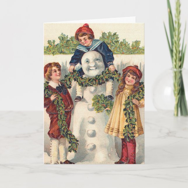 Tarjeta Festiva Niños de la época construyendo snowman (Anverso)