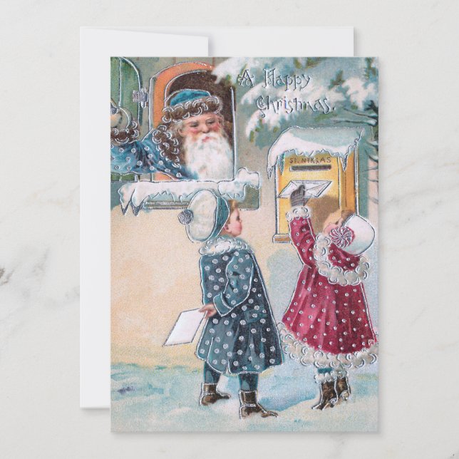 Tarjeta Festiva Niños de la época enviando cartas a Santa en Nieve (Anverso)