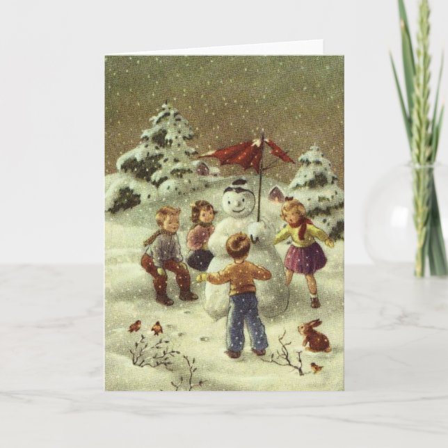 Tarjeta Festiva Niños de la época haciendo snowman (Anverso)