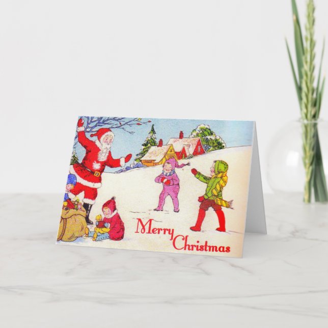 Tarjeta Festiva Niños de los años 40 jugando con Santa (Anverso)