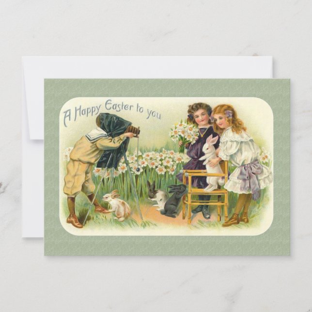 Tarjeta Festiva Niños de Pascua de Victoria fotografiando conejito (Anverso)