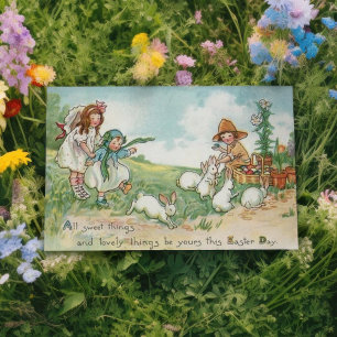 Tarjeta Festiva Niños de Pascua y conejitos de Pascua