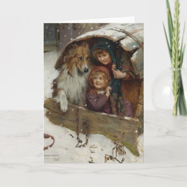 Tarjeta Festiva Niños del Victorian en caseta de perro (Anverso)