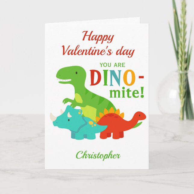 Tarjeta Festiva Niños Día de San Valentín Dinosaurios Dino-mite (Anverso)