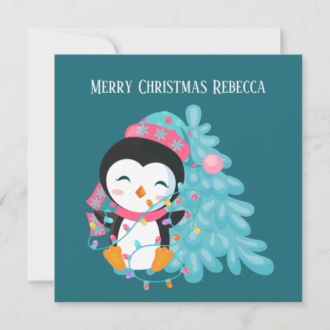 Tarjeta Festiva Niños festivos Navidades pingüino agregar sentimie (Anverso)