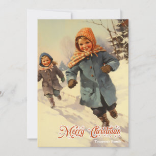 Tarjeta Festiva Niños jugando en la montaña de nieve tradicional v