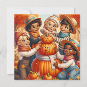 Tarjeta Festiva Niños lindos de Halloween hacen un muñeco de nieve