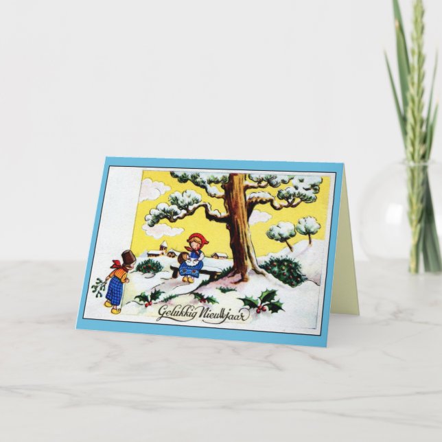 Tarjeta Festiva Niños lindos holandeses de la Feliz Año Nuevo del (Anverso)