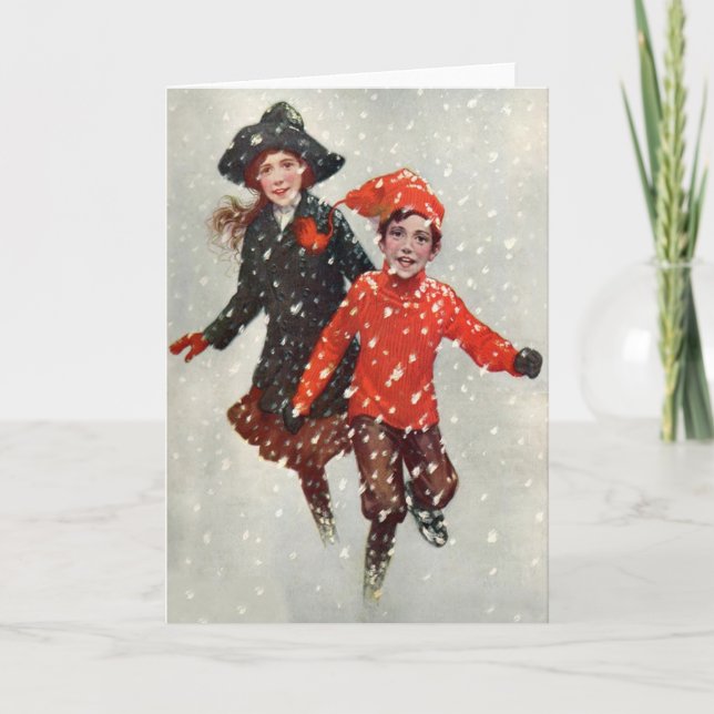 Tarjeta Festiva Niños Lindos Jugando En La Nieve (Anverso)