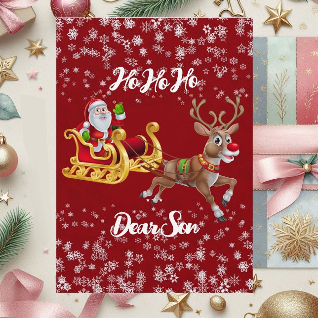 Tarjeta Festiva Niños Santa Navidades Reindeer Sleigh Snowflake Re (Kids Santa Christmas Reindeer Sleigh Snowflake Red Holiday Card)