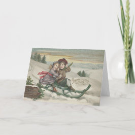 Tarjeta Festiva Niños Sledding invierno de la nieve del árbol de