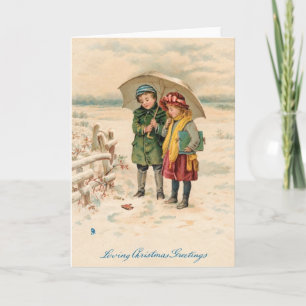 Tarjeta Festiva Niños Victorianos Antiguos & Petirrojo en la Nieve