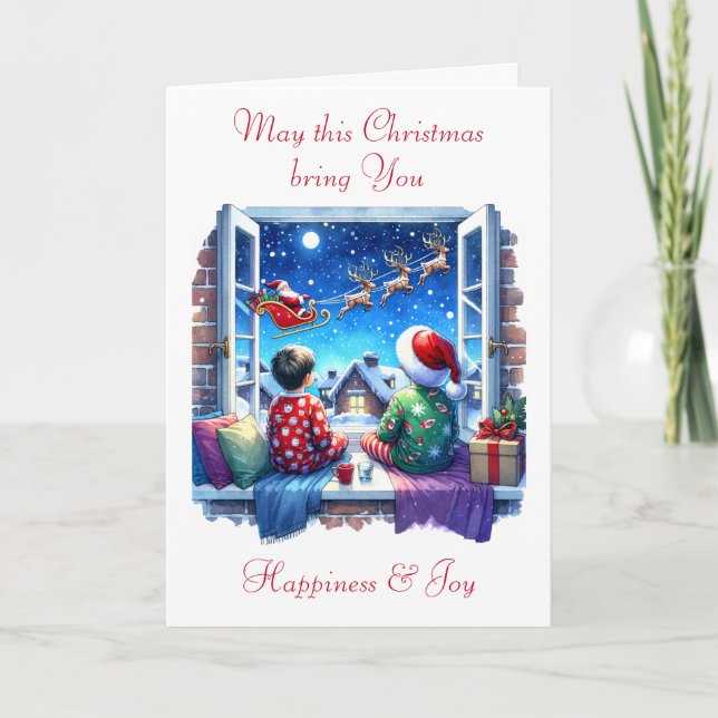 Tarjeta Festiva Niños viendo a Santa en la noche de los Navidades (Anverso)