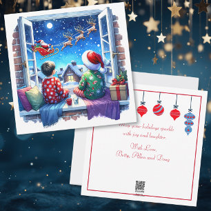 Tarjeta Festiva Niños viendo a Santa en Nochebuena
