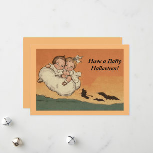 Tarjeta Festiva Niños Vintage de Halloween cazando murciélagos