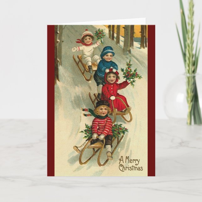 Tarjeta Festiva niños vintage en navidades de trineo (Anverso)