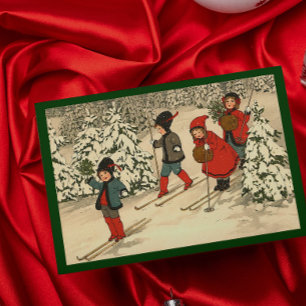 Tarjeta Festiva Niños vintage patinando a través de un bosque neva