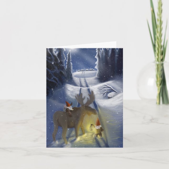 Tarjeta Festiva Nisseman en el paisaje escandinavo (Anverso)