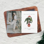 Tarjeta Festiva No detengan a los Navidades fotográficos de la pla<br><div class="desc">Ilustracion de la planta de la casa con traje de santa coronado con sombrero de santa. El texto dice: "No dejes de ser hoja". Personalice el nombre,  año y foto.</div>