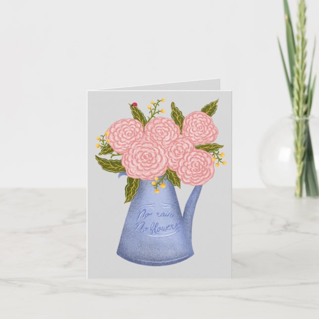 Tarjeta Festiva No rain no flowers watering can with flowers (Anverso)