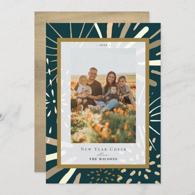 Tarjeta Festiva Noche de fuegos artificiales de oro Sky 2 Foto Año (Anverso / Reverso)