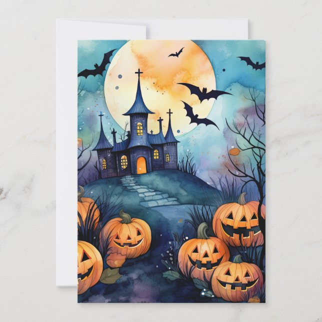 Tarjeta Festiva Noche de Halloween Jack O’Lanterns bats Full Moon (Anverso)