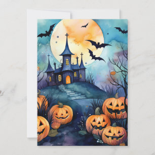 Tarjeta Festiva Noche de Halloween Jack O’Lanterns bats Full Moon