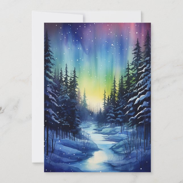 Tarjeta Festiva Noche de invierno Aurora Borealis (Anverso)