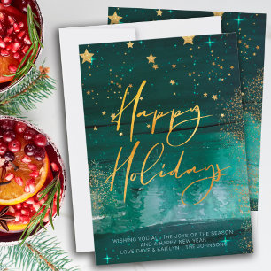 Tarjeta Festiva Noche de invierno estrellada Felices Fiestas Verde