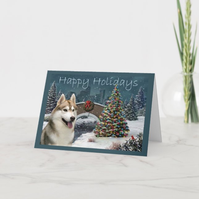 Tarjeta Festiva Noche de Navidades Husky Siberiano (Anverso)