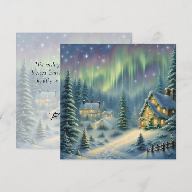 Tarjeta Festiva Noche de Navidades mágicos en el bosque bajo las e (Anverso / Reverso)