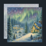Tarjeta Festiva Noche de Navidades mágicos en el bosque bajo las e<br><div class="desc">Esta tarjeta presenta un bosque de invierno nevado por la noche con estrellas y auroras en el cielo. Las casas son luminosas. ¡Envíe saludos de Navidad a su familia y amigos! Personalizado de texto y de vuelta.</div>