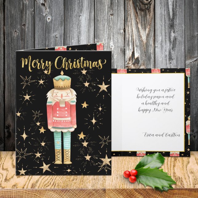 Tarjeta Festiva Noche estrellada de oro de los Navidades Nutcracke (The Christmas Nutcracker Gold Starry Night Holiday Wraparound Graphics Folded Card)