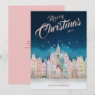 Tarjeta Festiva Noche estrellada de pueblo navideño
