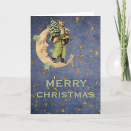 Tarjeta Festiva Noche Green Vintage Santa Crescent Moon Starry