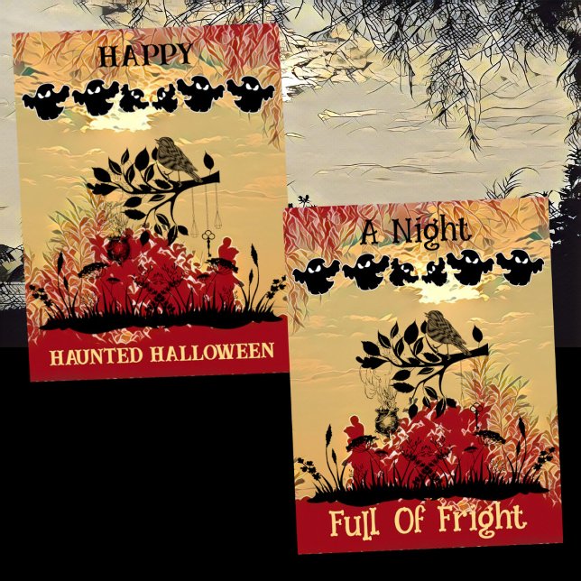 Tarjeta Festiva Noche Llena De Sangre Artística Brillante Rojo BOO (Haunted Halloween Card)