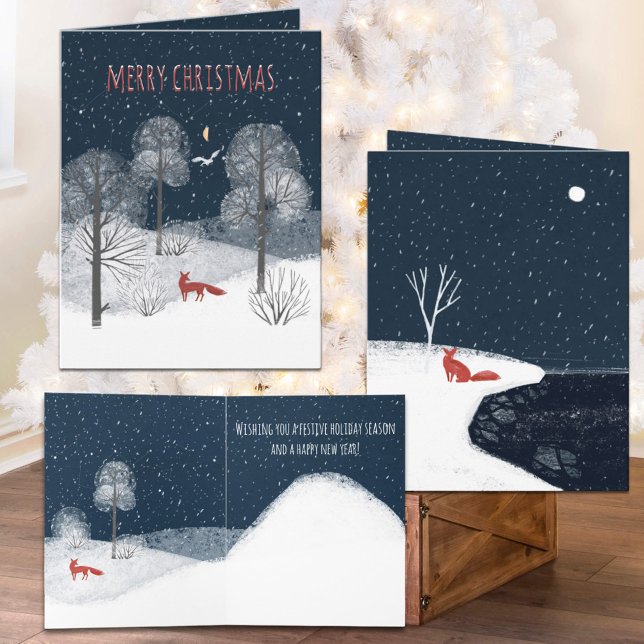 Tarjeta Festiva Noche Nórdica De Invierno Red Fox En El Campo (Nordic Winter Night Red Fox In The Countryside Christmas Holiday Wraparound Graphics Folded Card)