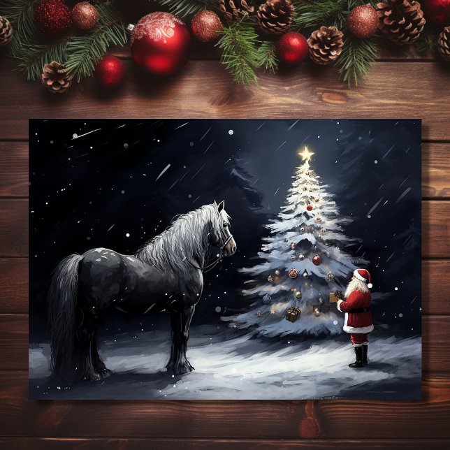Tarjeta Festiva Noche silenciosa - Hermosos caballos y Navidades d (Front - Silent Night - Beautiful Horse and Santa Christmas Holiday Card)